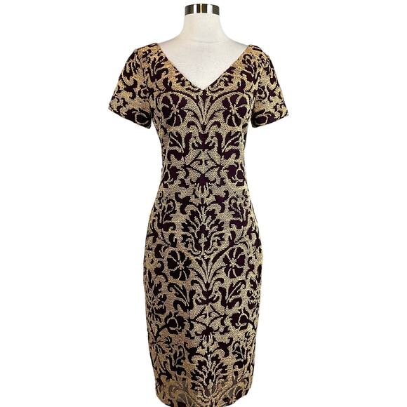 Colorful Short Sleeve Cocktail Dress Purple and Gold Size 6 JS Collection Sheath - Picture 1 of 12